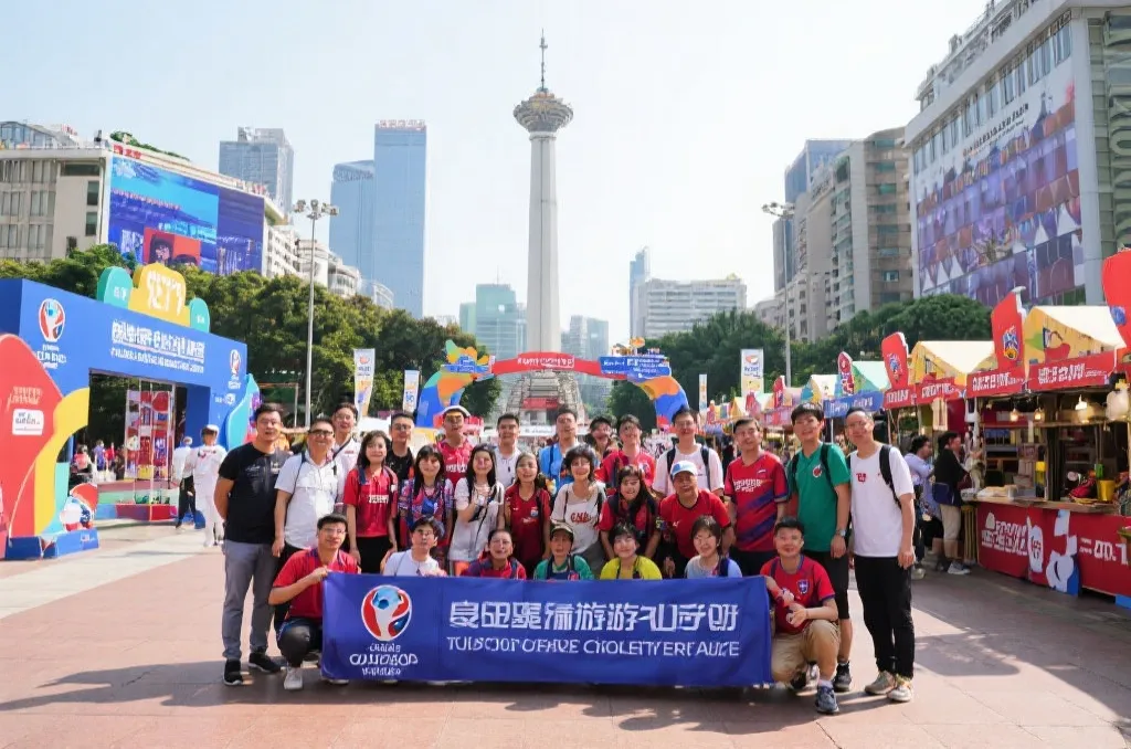 球迷旅行团在城市地标前合影，手持定制旗帜，展示世界杯氛围